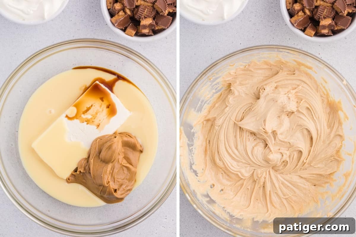 On left, sweetened condensed milk, peanut butter, vanilla, and cream cheese in glass mixing bowl. On right, the same, but mixed until combined.