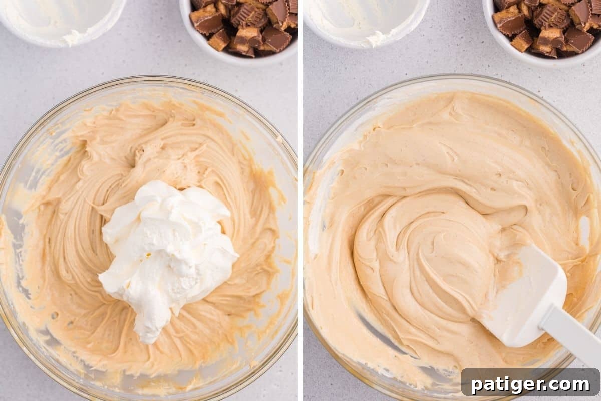 On left, Cool whip added to mixture in mixing bowl. On right, same but folded until smooth.
