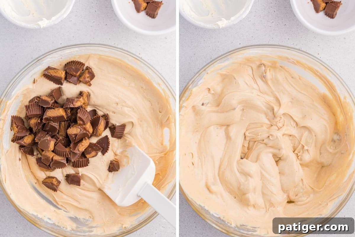 On left, chopped peanut butter cups added to mixing bowl. On right, the candy pieces are stirred into the dip.