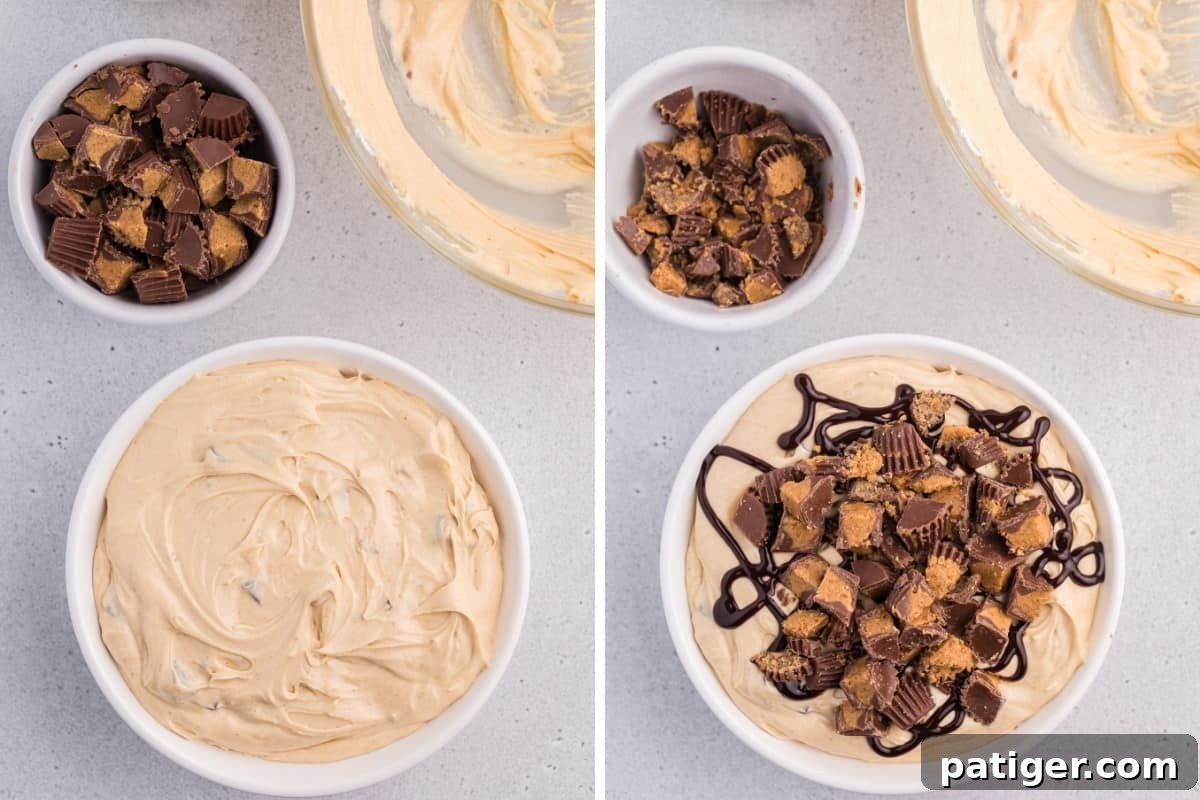 On left, peanut butter cup dip in serving bowl, on right the same but topped with chunks of peanut butter cups and chocolate sauce.