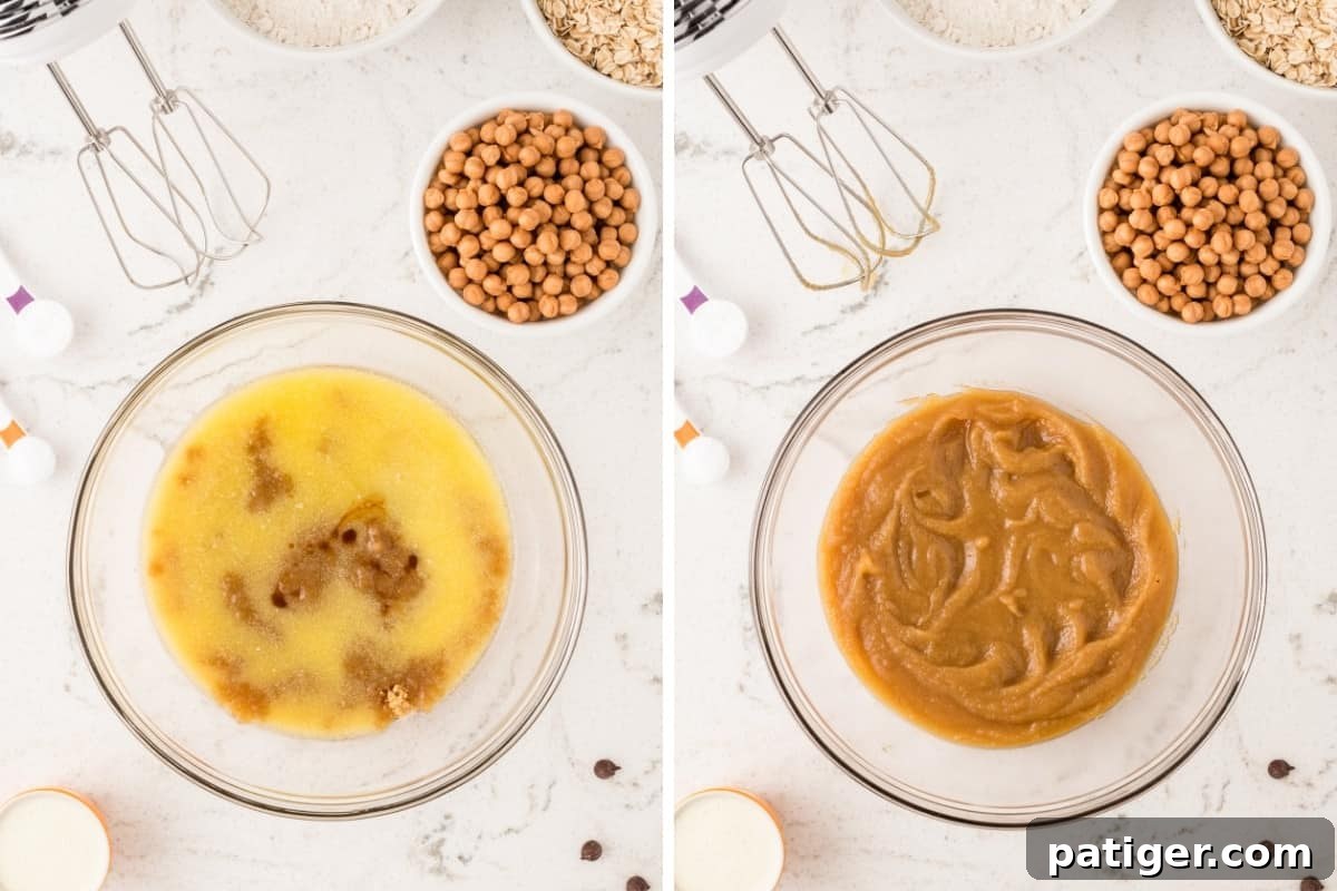 Two image collage. On left: glass mixing bowl with melted butter and brown sugar. On right, the same but well-mixed and combined.