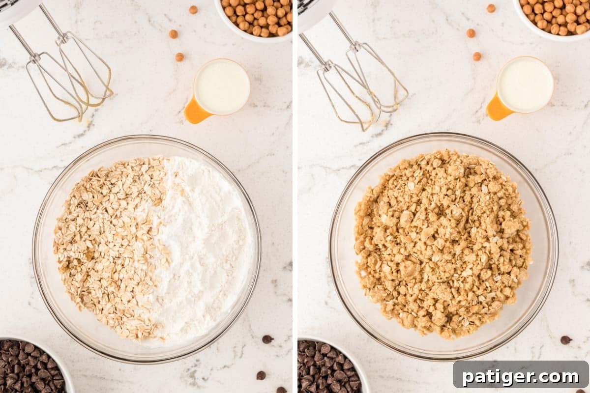 Two image collage. On left: glass mixing bowl with oats, baking soda, and flour added on top. On right, the same bowl with the ingredients combined to form a crumbly oat dough
