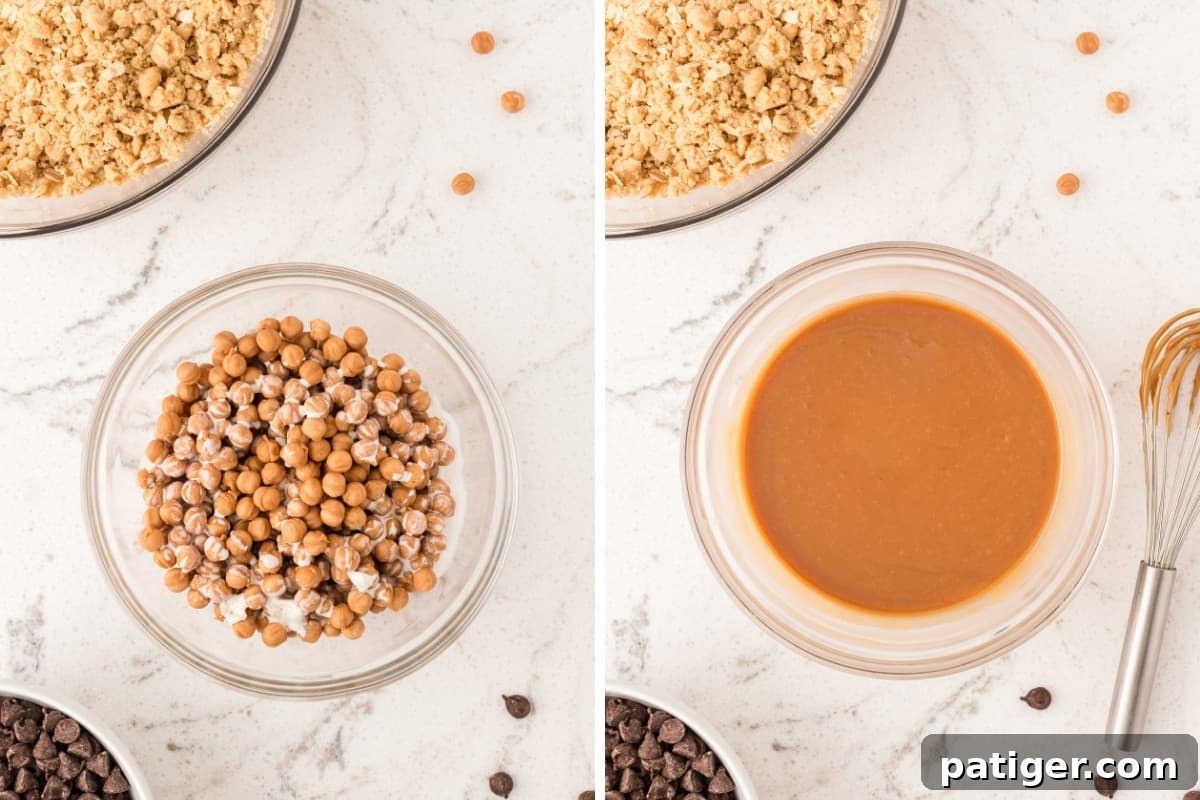 Two image collage. On left: caramel bits and heavy cream in bowl. On right: same bowl but with caramel and cream melted together to form a caramel sauce.