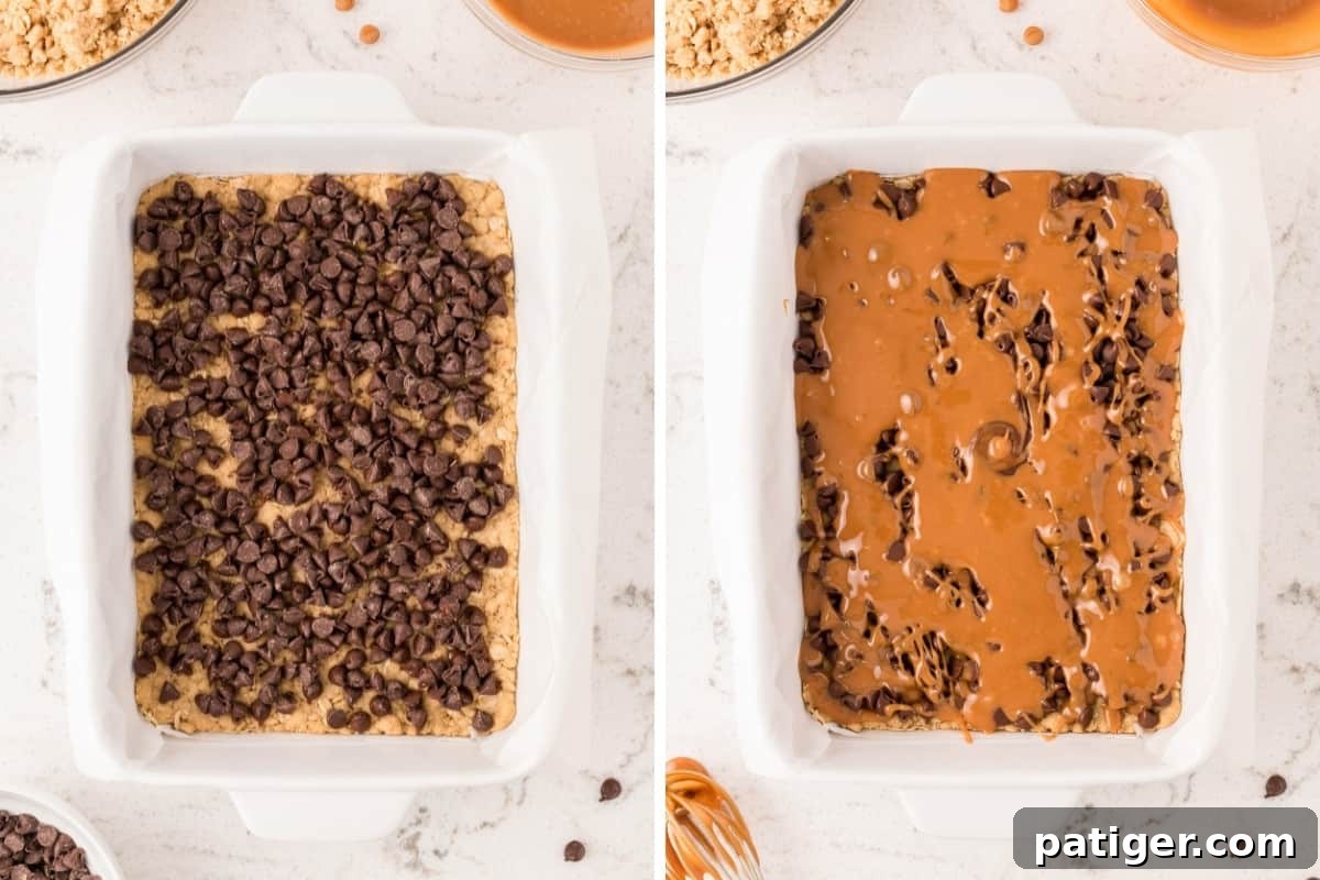 Two image collage. On left: parchment lined baking pan with chocolate chips sprinkled over top of crust. On right, same but with the addition of caramel poured over them. 