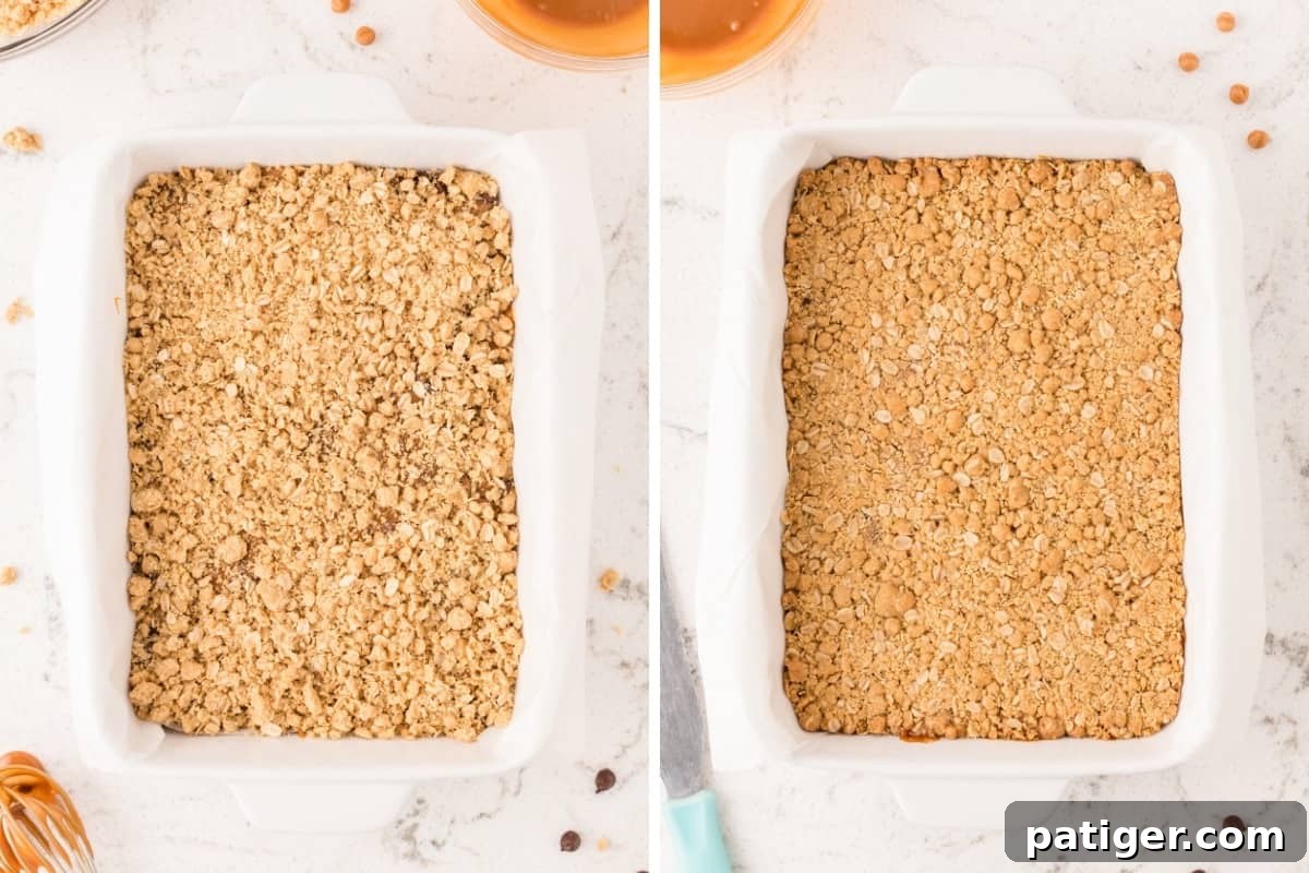 Two image collage. On left, oatmeal topping crumbled on top of carmelitas. On right, the same but after baking.