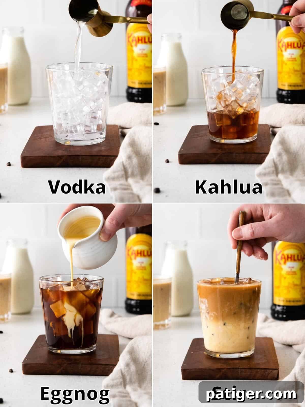 Festive Eggnog White Russian 5 A 4-image collage demonstrating the simple steps to make an Eggnog White Russian cocktail: top left shows vodka being poured, top right Kahlua being added, bottom left eggnog being mixed in, and bottom right the cocktail being stirred.