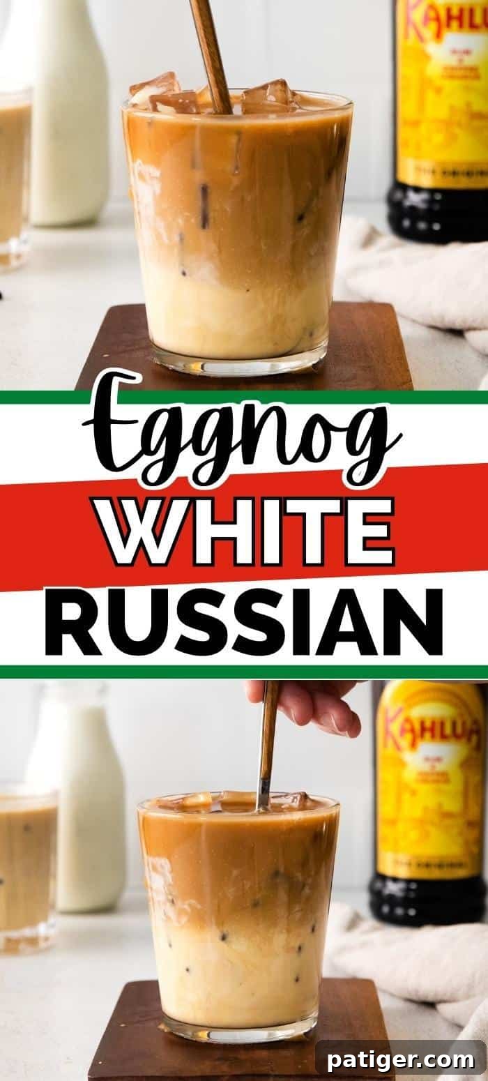 Festive Eggnog White Russian 8 A stunning Eggnog White Russian cocktail in a glass, ready for a festive holiday celebration. The image quality and composition make it perfect for Pinterest sharing.