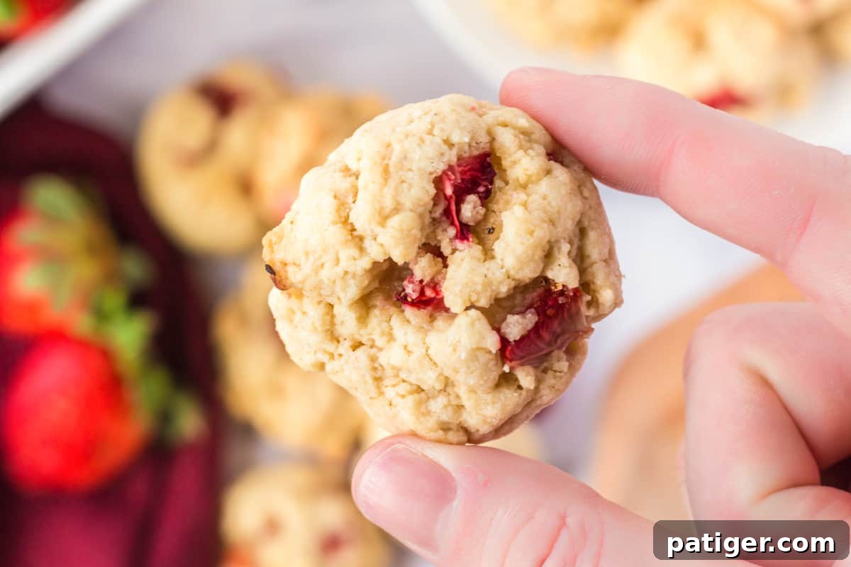 Strawberry Shortcake Cookie Bliss 12 Person holding bite-sized strawberry cookie in between two fingers
