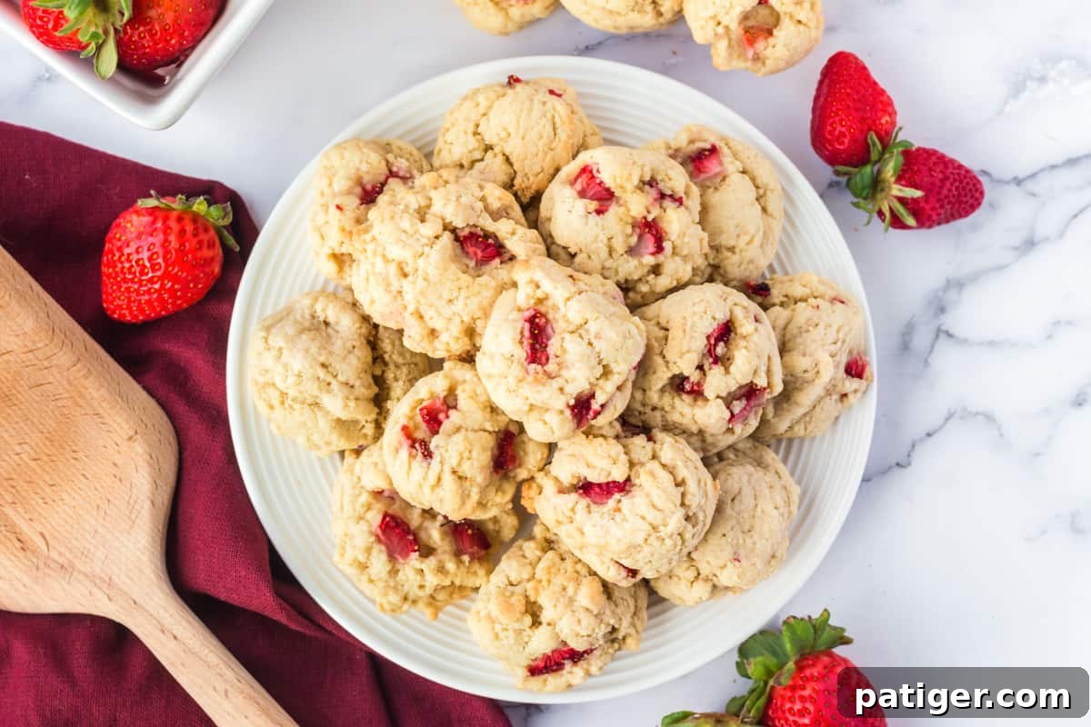 Strawberry Shortcake Cookie Bliss 13 Strawberry Cookies piled on serving plate with fresh strawberries and more cookies around it