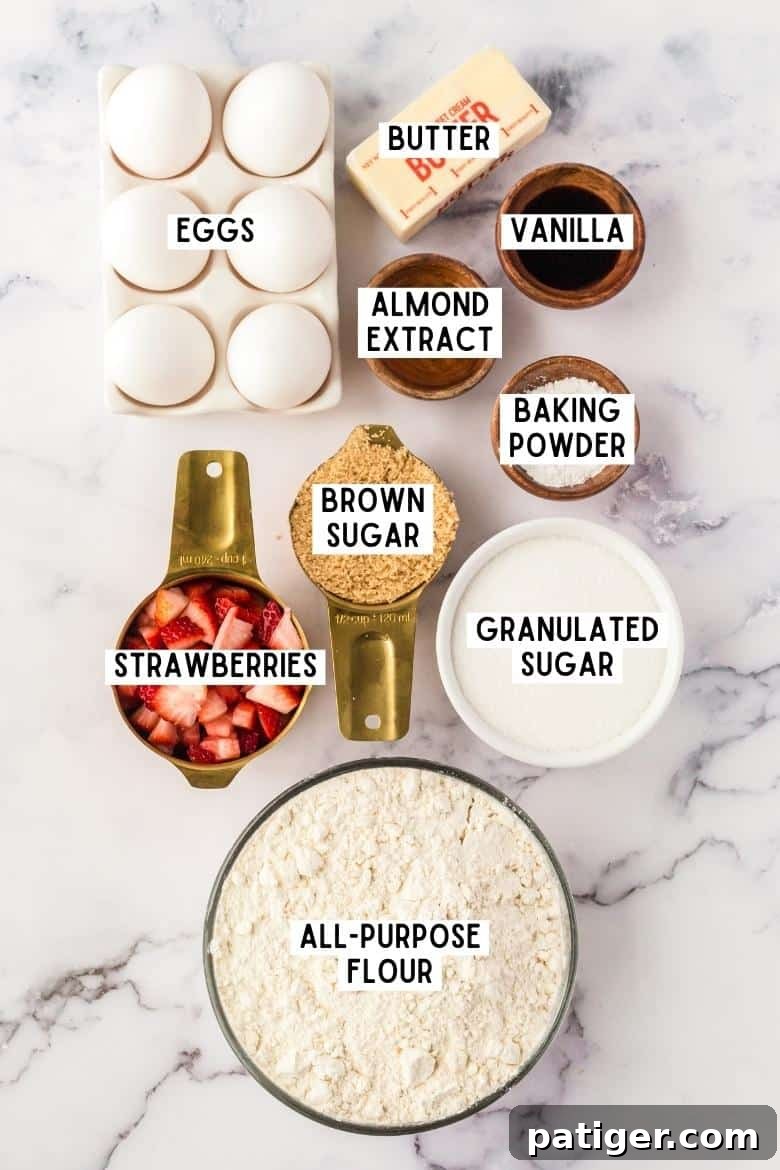 Strawberry Shortcake Cookie Bliss 5 Eggs, butter, vanilla extract, almond extract, brown sugar, granulated sugar, fresh strawberries, baking powder, and all-purpose flour