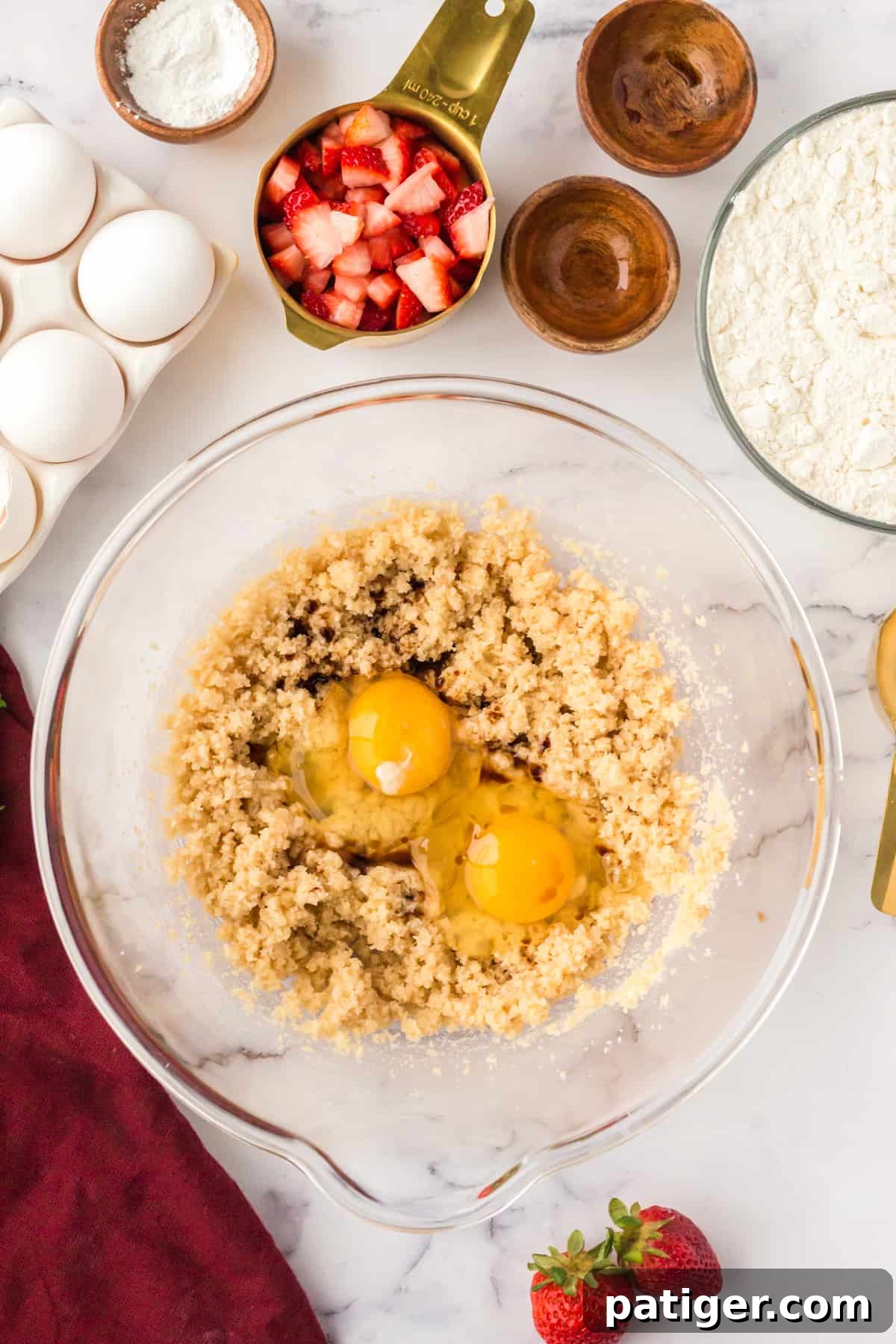 Strawberry Shortcake Cookie Bliss 7 Large mixing bowl with creamed sugar, 2 eggs, and vanilla extract