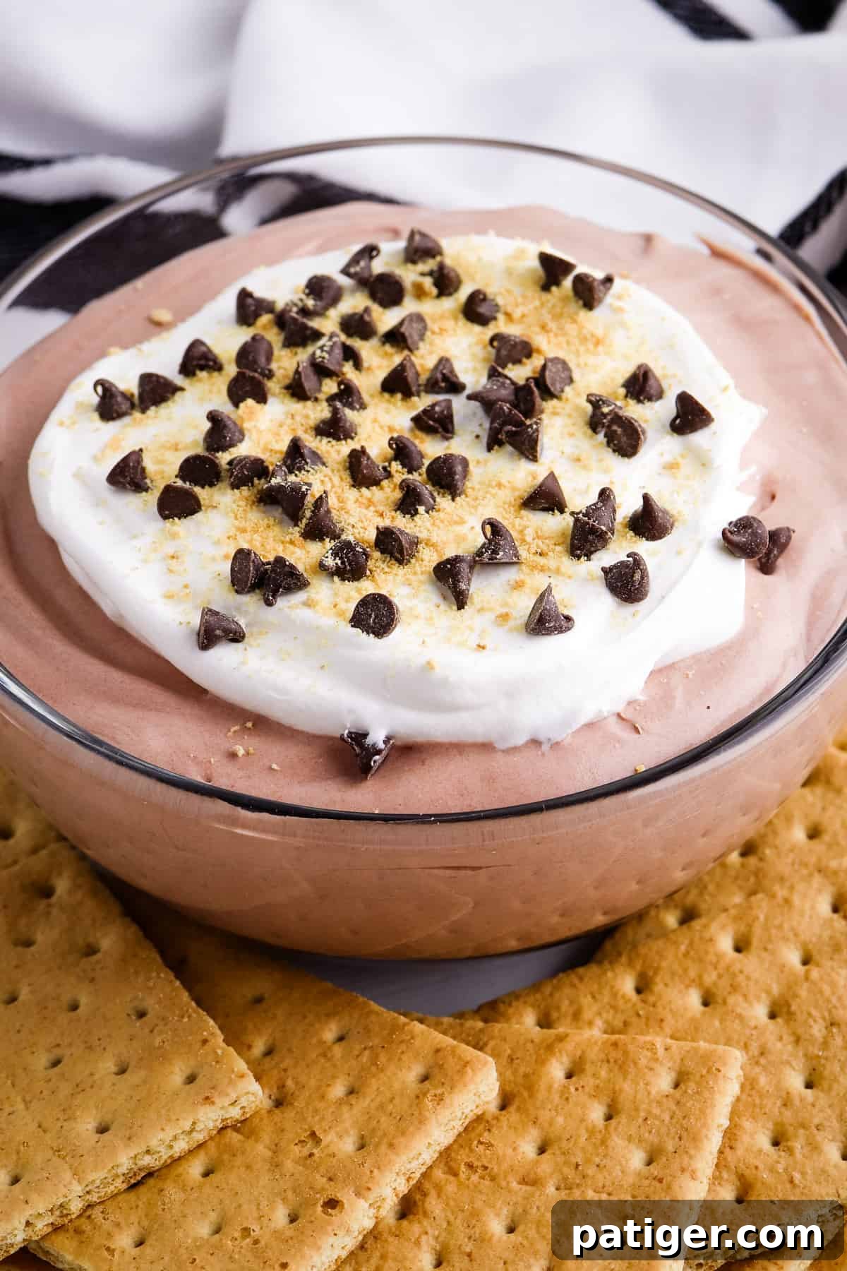Creamy Chocolate Pudding Dip served with a variety of dippers like graham crackers, cookies, and fruit for an irresistible no-bake dessert.