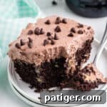 A small image of a Baileys chocolate poke cake topped with fluffy chocolate frosting and mini chocolate chips, with a fork taking a bite.