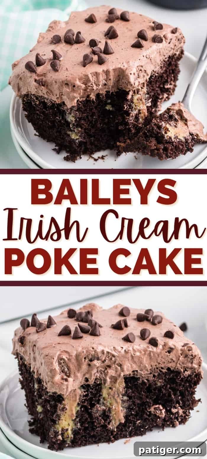 A Pinterest collage image featuring a prominent slice of Baileys Irish Cream Poke Cake with text overlay reading: 'Baileys Irish Cream Poke Cake', designed for easy sharing on social media.