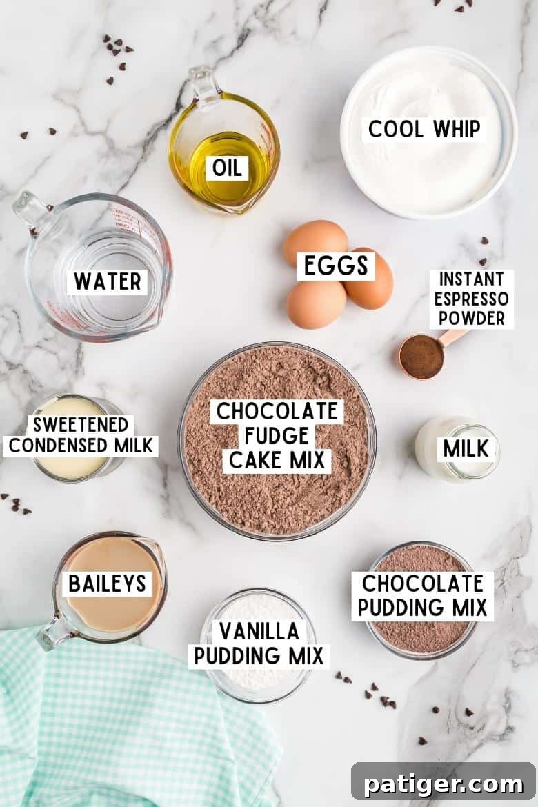 A flat lay of all necessary ingredients for Baileys Poke Cake displayed on a countertop: cooking oil, eggs, Cool Whip, water, instant espresso powder, milk, chocolate pudding mix, vanilla pudding mix, Baileys Irish Cream, sweetened condensed milk, and chocolate fudge cake mix.