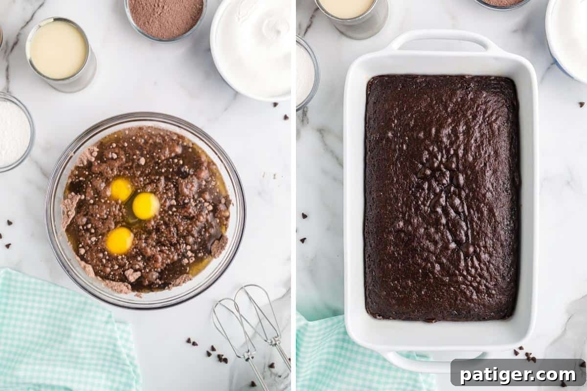 One image showing chocolate cake mix ingredients in a mixing bowl, and another image displaying a perfectly baked 9x13 inch chocolate cake in its pan, ready for poking and filling.