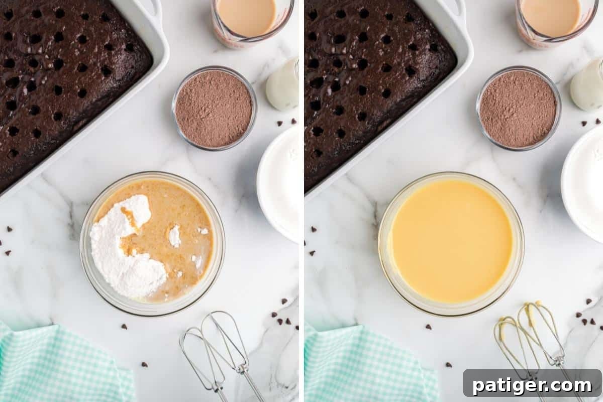 Two images: the first shows ingredients for the vanilla Irish cream pudding filling in a mixing bowl before mixing, and the second displays the smooth, thickened mixture after being blended together by hand.