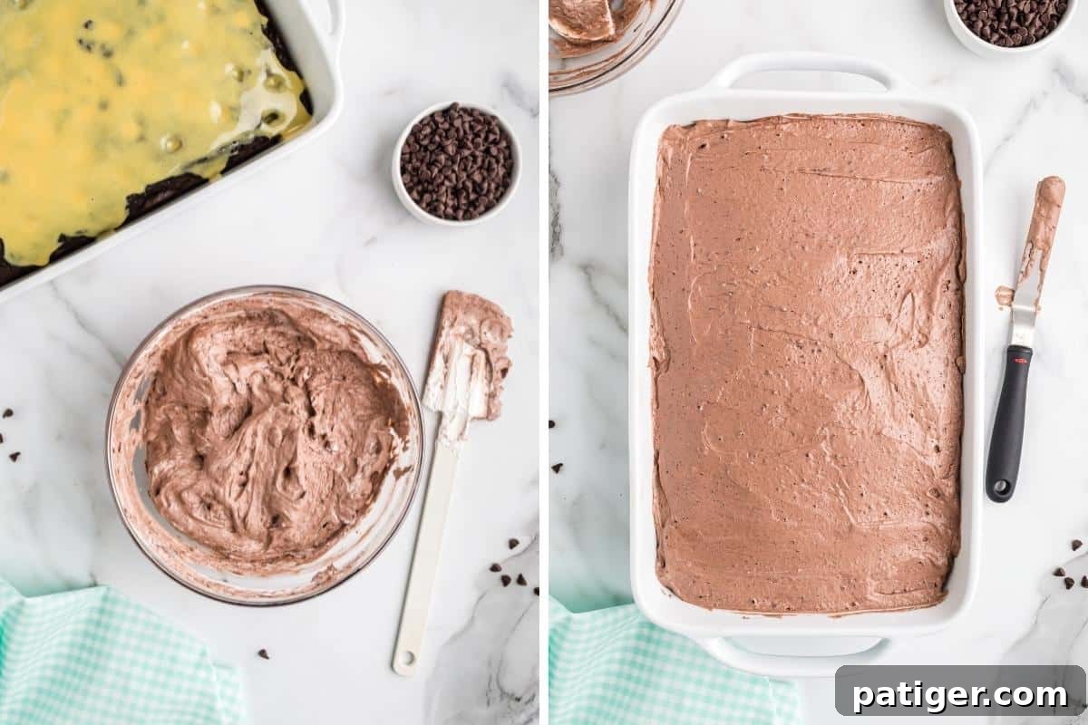 One image shows a mixing bowl with the blended Baileys frosting mixture, and another image displays the sheet cake with the creamy frosting evenly spread over its surface, ready for chilling.