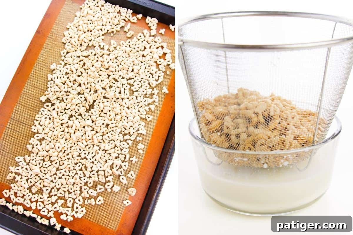 Left: lucky charms cereal with marshmallows spread on baking sheet with silicone baking liner. On right: milk being strained from cereal into a bowl.