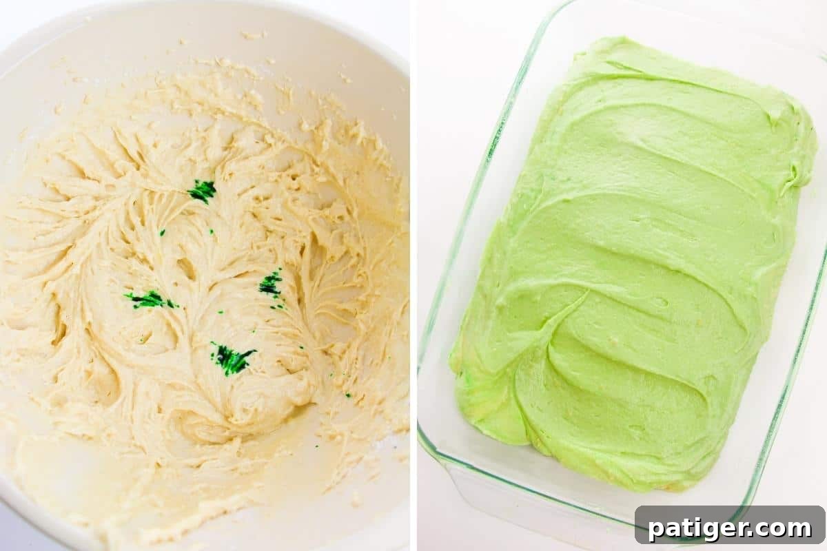 Left: large mixing bowl with cake batter topped with drops of green food coloring. Right: Green cake batter in 9 x 13 glass baking dish.