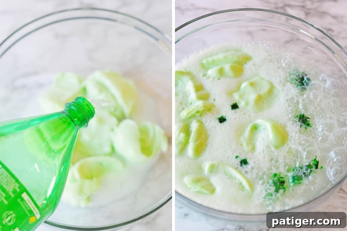 Clover Kick 4 On left: Sprite being poured over scoops of lime sherbet in punch bowl. On right, punch with drops of food coloring throughout.