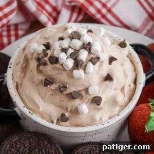 Hot chocolate dip with cool whip, hot cocoa mix, marshmallow bits, and mini chocolate chips.