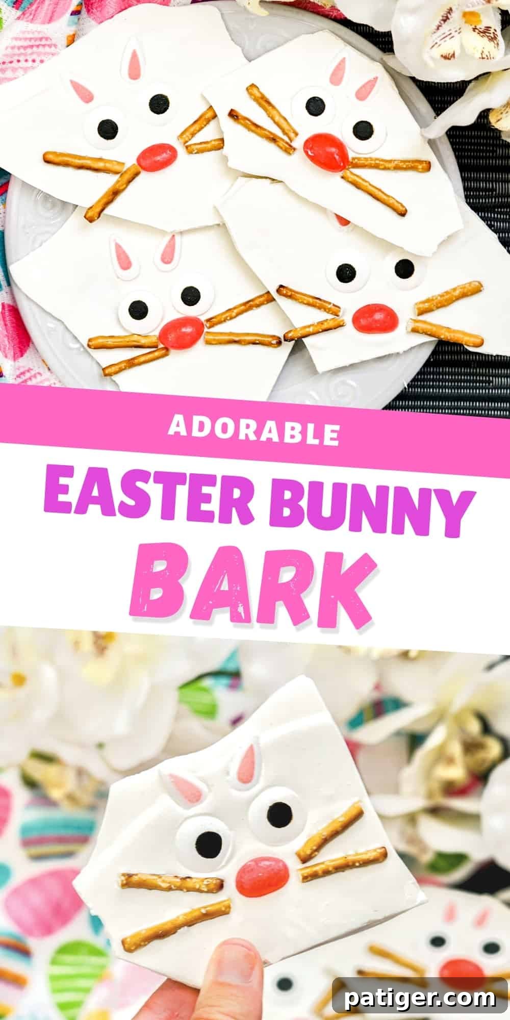 Adorable Easter Bunny Bark, a fun and easy no-bake holiday treat, beautifully presented for a festive occasion.