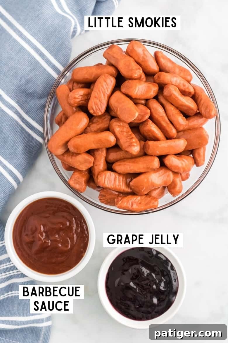 Sweet Glazed Slow Cooker Smokies 4 Little smokies sausages in a bowl, bowl of barbecue sauce, and bowl of grape jelly.