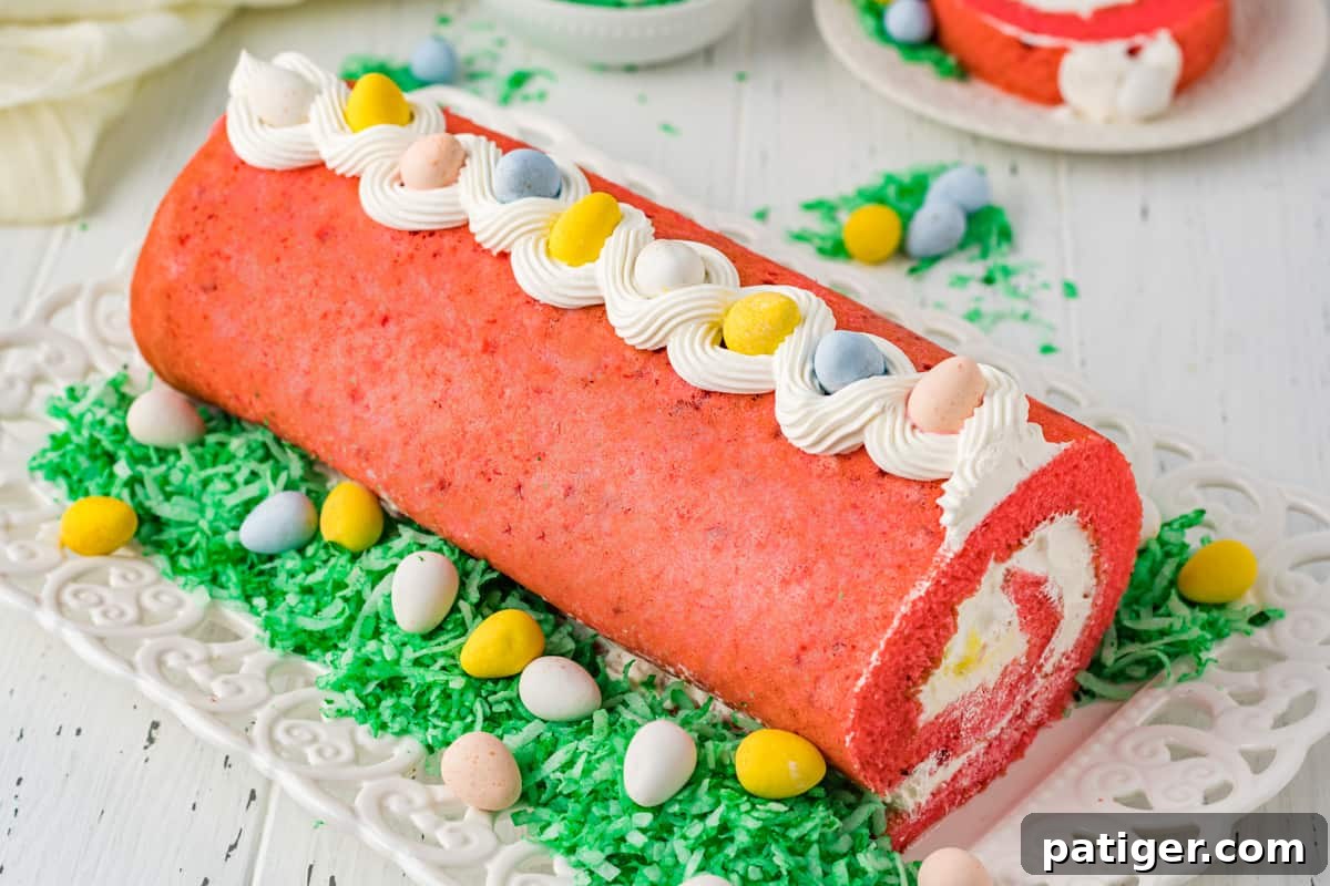 A beautifully decorated Easter cake roll on a platter, surrounded by green shredded coconut resembling grass and additional mini chocolate eggs, creating a festive scene.