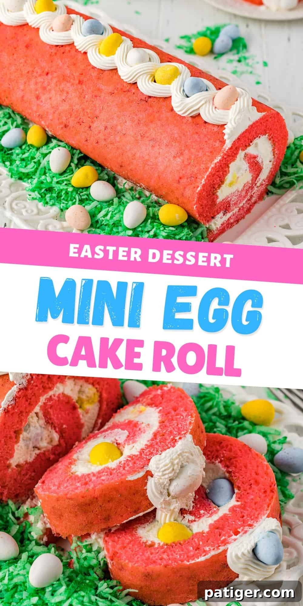 Close-up of a festive Mini Egg Cake Roll, a perfect Easter dessert with pink cake, white filling, and colorful chocolate eggs.