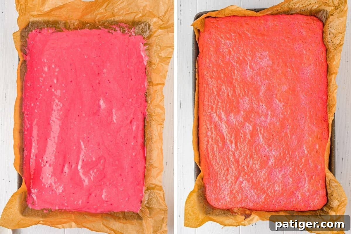 A two-image collage showing strawberry cake batter spread in a jelly roll pan before baking and the beautifully golden-pink baked cake in the same pan.
