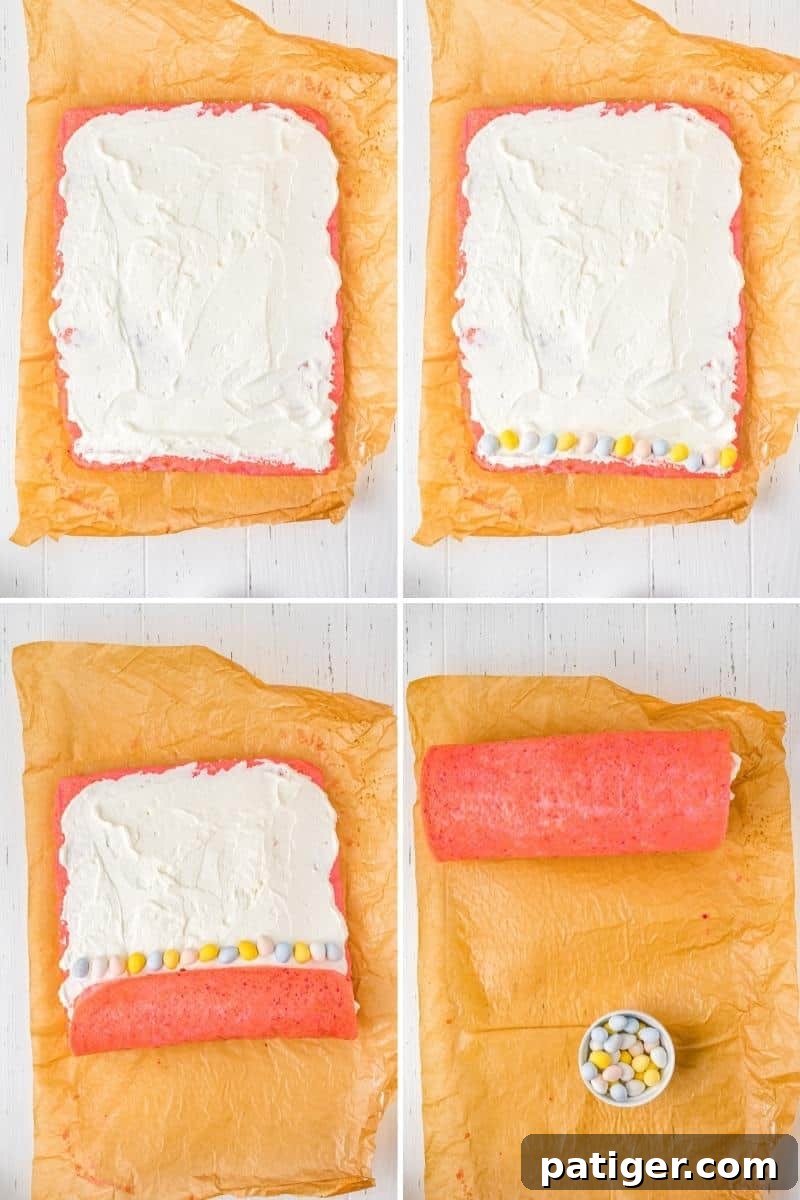 A four-image collage demonstrating the process of unrolling, filling with whipped cream and mini eggs, and carefully re-rolling the strawberry Easter cake.