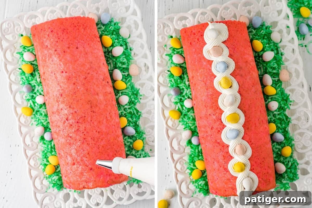 A two-image collage showing the Easter cake roll before and after final decoration, featuring piped cool whip and a generous topping of colorful candy eggs.