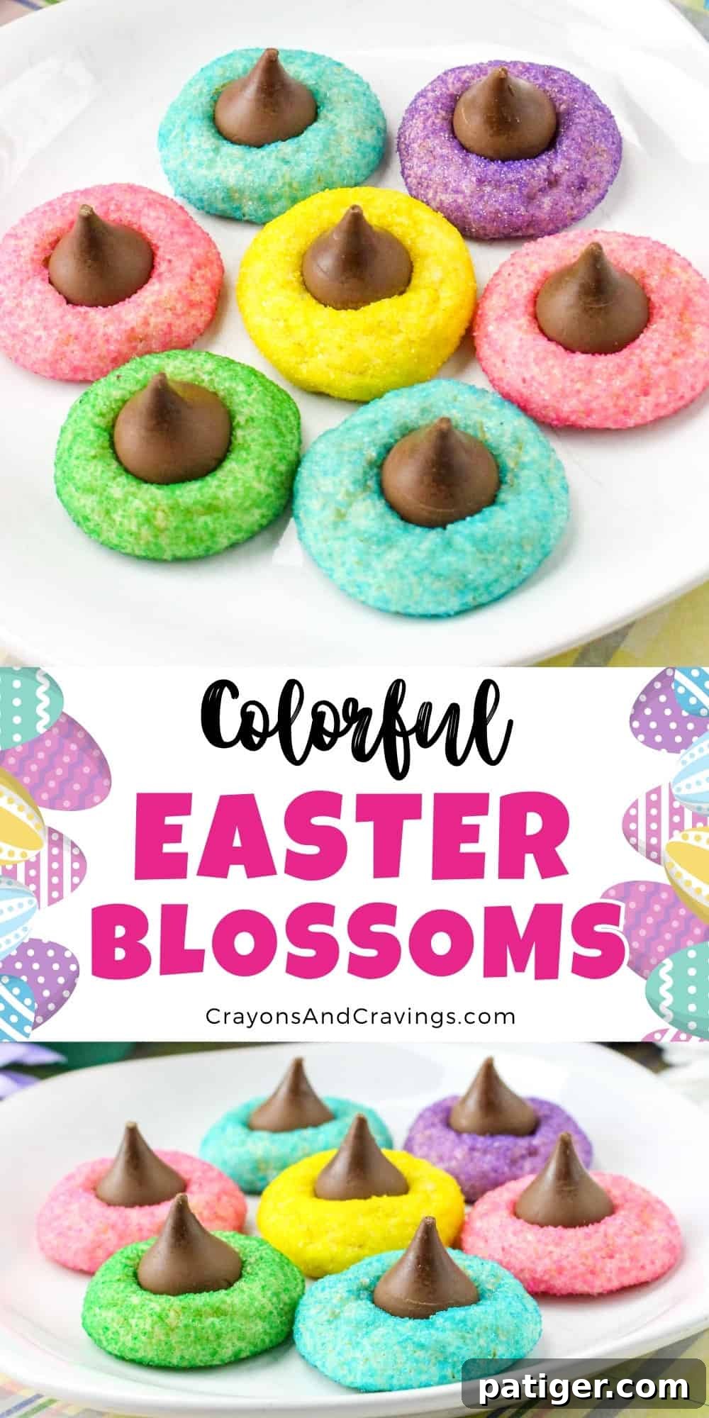 Spring Blossom Delights 14 A vibrant Pinterest graphic promoting Easter Blossom Cookies, showcasing colorful sugar cookies with Hershey's Kisses, perfect for holiday baking.