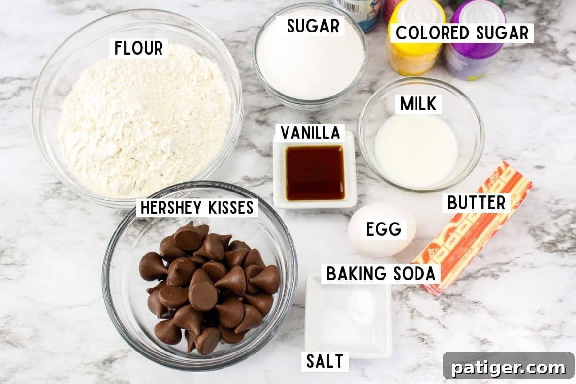 Spring Blossom Delights 3 Essential ingredients for baking Easter Blossom Sugar Cookies laid out on a clean white surface, including flour, butter, sugar, eggs, milk, Hershey Kisses, and colorful sanding sugars.