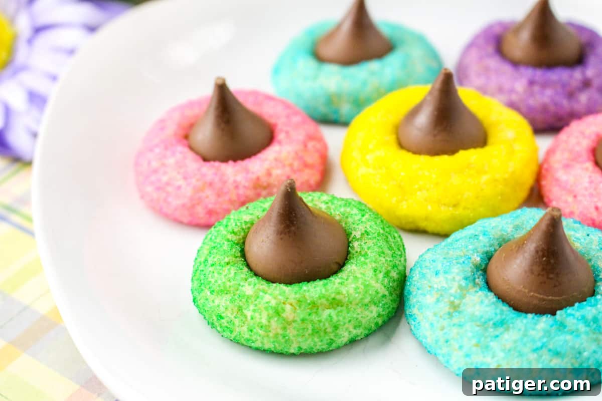 Spring Blossom Delights 10 A close-up of vibrant sugar cookies, each rolled in different colored sanding sugar and adorned with a classic Hershey's Kiss, showcasing the festive holiday design.
