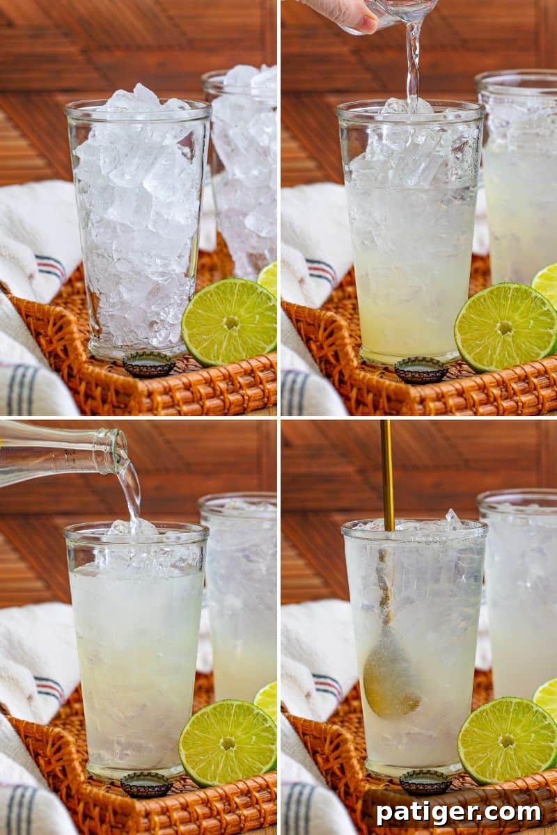 A four-image collage showing the steps to make a Ranch Water cocktail: 1) Ice in glass, 2) Tequila and lime added, 3) Topping with Topo Chico, 4) Finished drink with lime garnish.