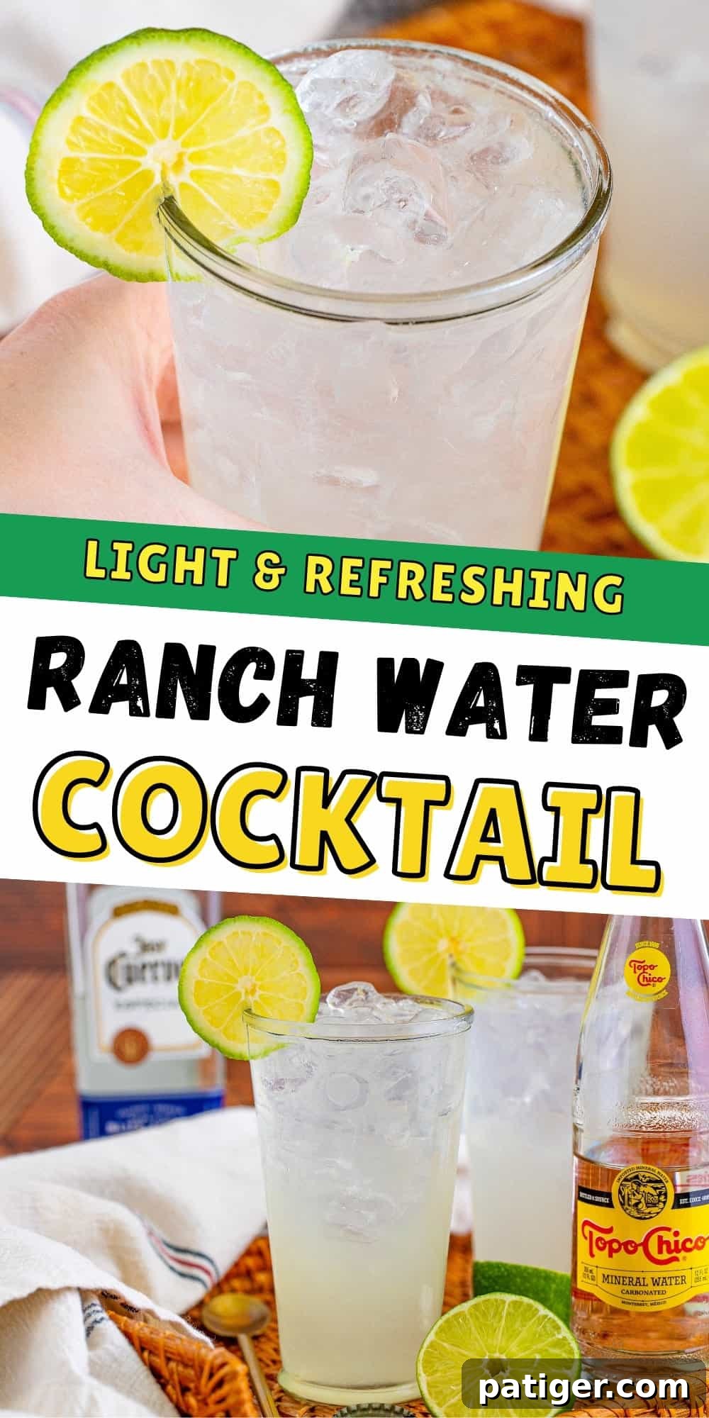 A vibrant Ranch Water Cocktail in a tall glass, garnished with a lime wedge, ready to be enjoyed.