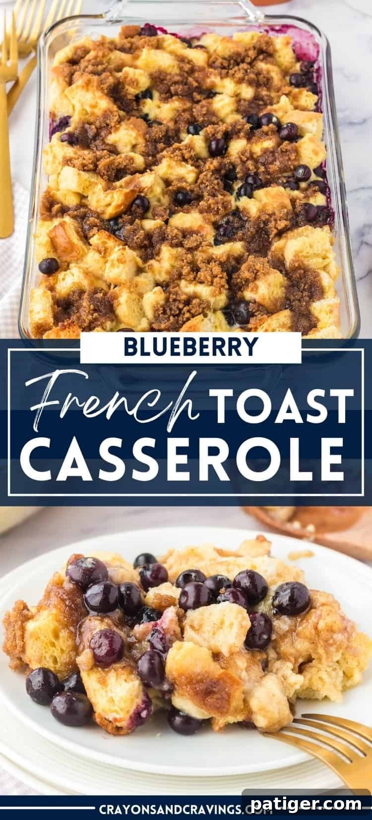 A beautifully golden-brown Blueberry French Toast Casserole, garnished and ready for serving, highlighting its irresistible appeal.