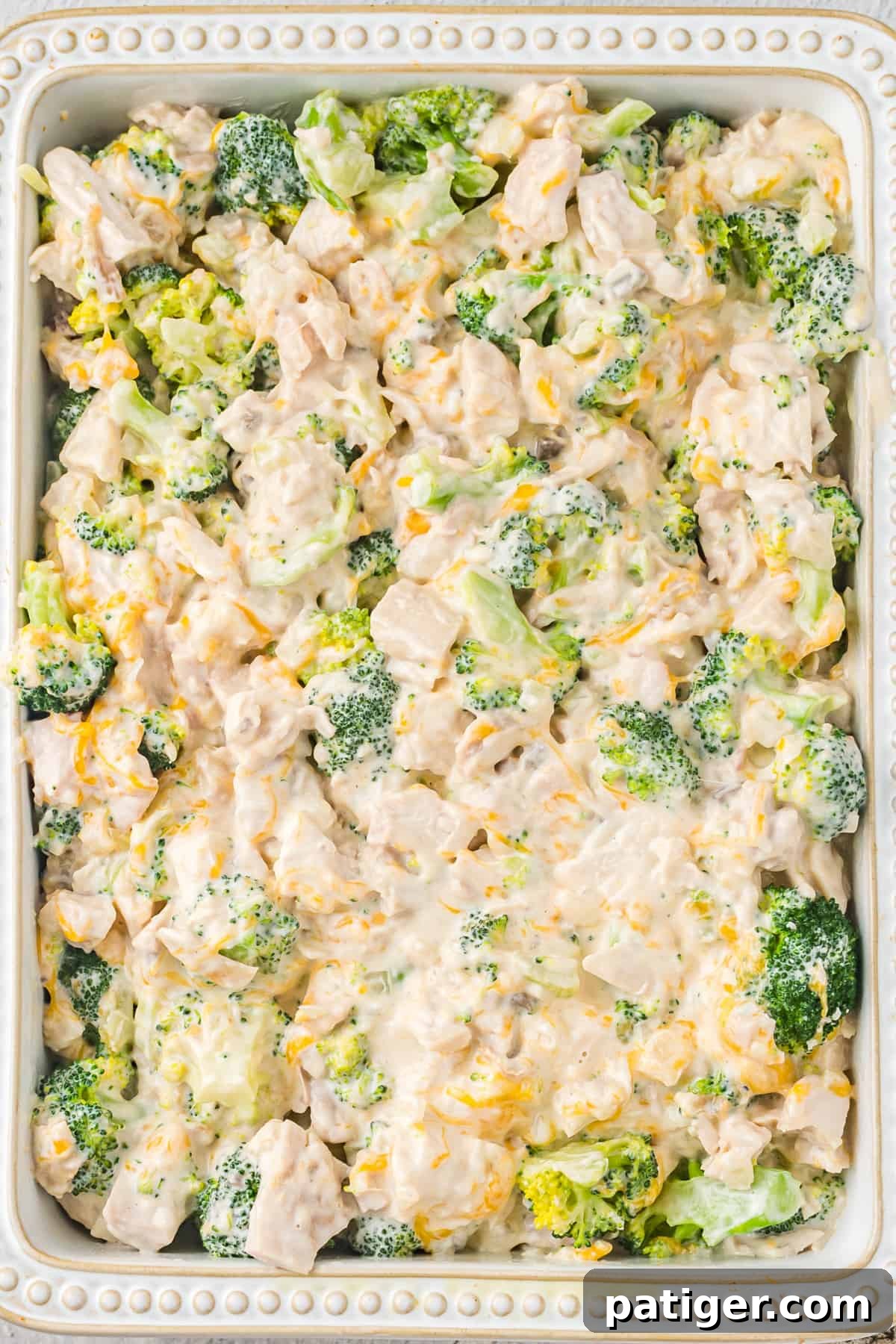 Chicken and broccoli casserole in 9 x 13 baking dish.
