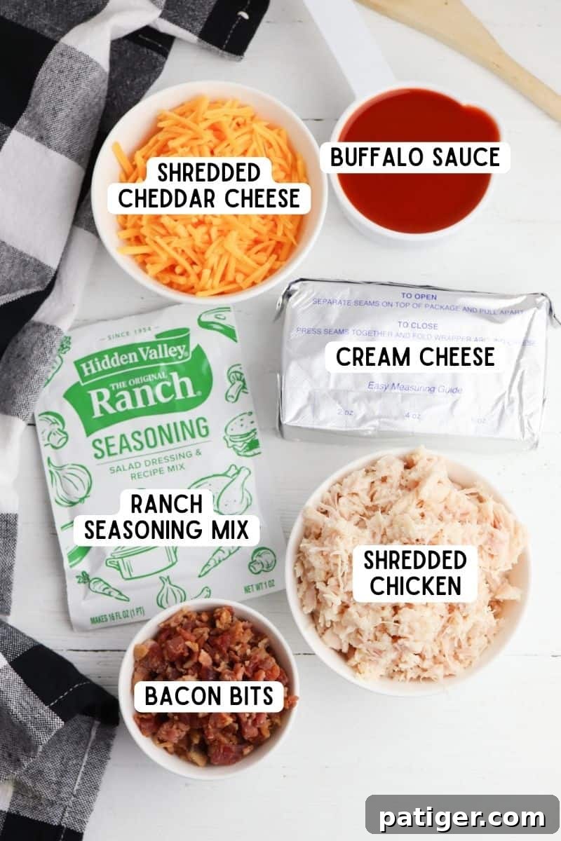 Ingredients laid out for making Buffalo Chicken Cheese Balls.