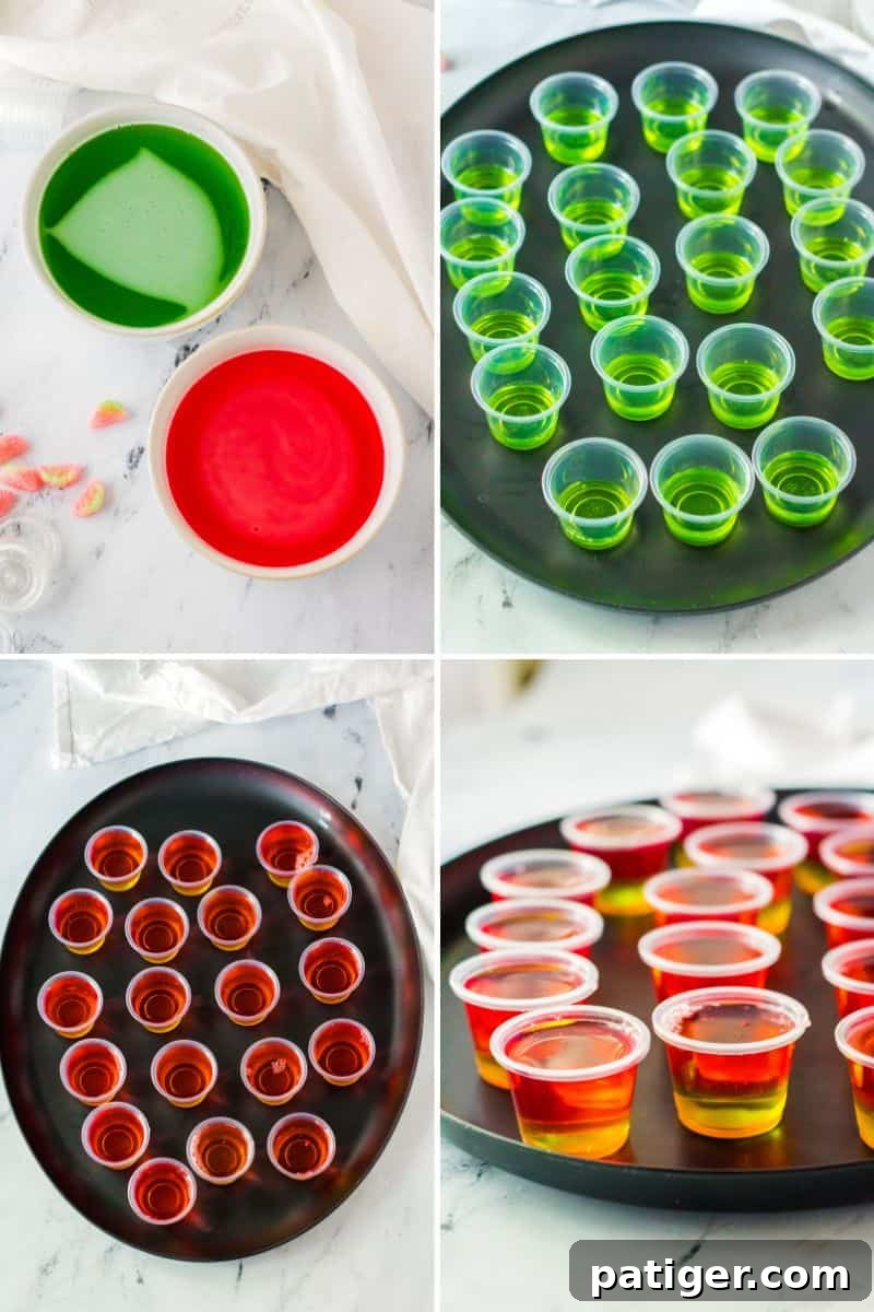 A four-image collage illustrating the step-by-step process of making pink and green layered jello shots, from mixing to pouring and chilling.