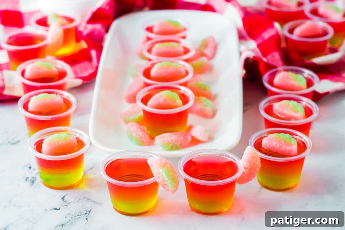 A beautifully arranged display of watermelon jello shots, showcasing their vibrant pink and green layers, ready for a summer party.