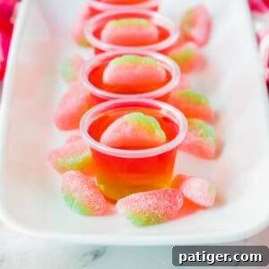 Watermelon vodka jello shots topped with sour gummy candies.