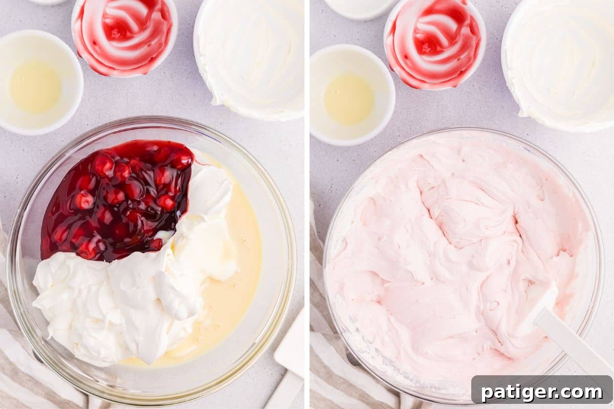 Two image collage of pie filling, cool whip, sour cream, and condensed milk in a large bowl before and after stirring together.