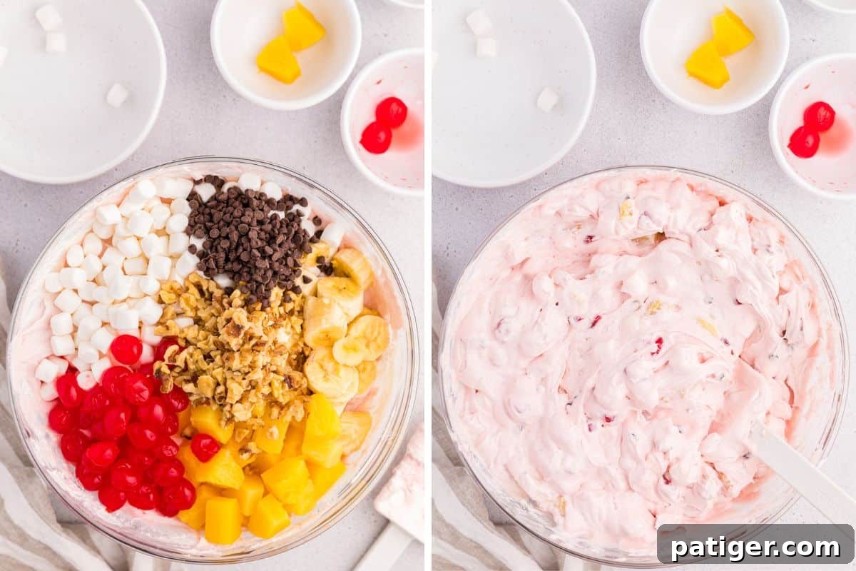 Two image collage of toppings being added and stirred into the dessert salad.