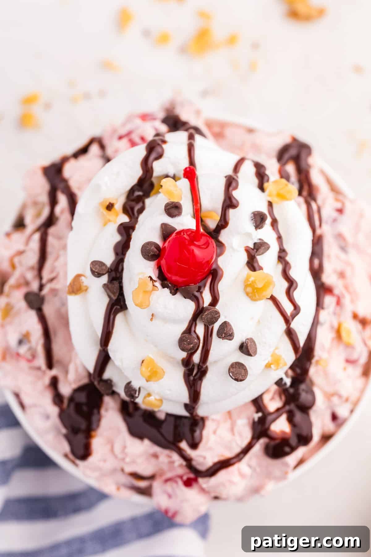 Top-down view of banana split dessert salad.