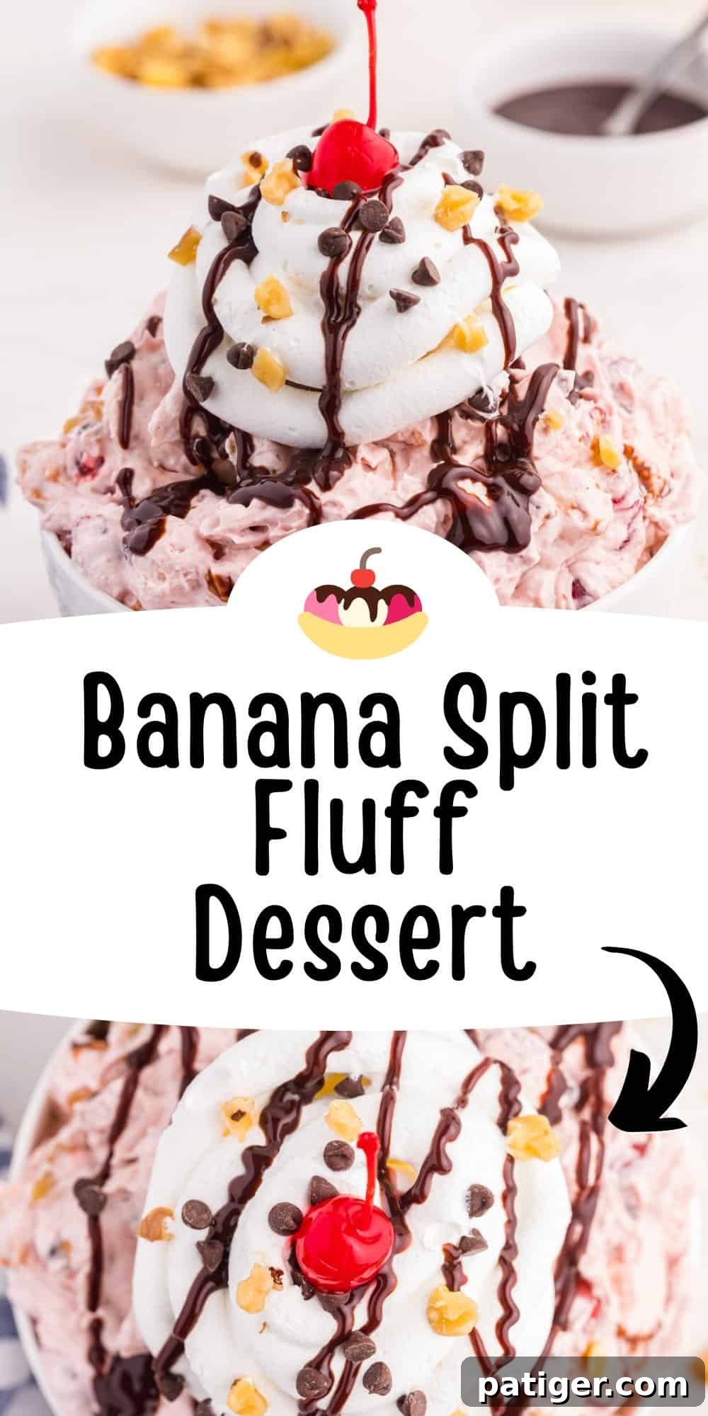 Banana split fluff dessert collage image for pinterest.