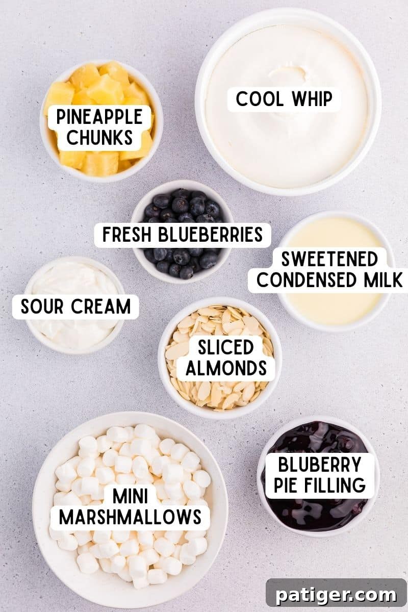 Whipped Blueberry Bliss 4 Ingredients for Blueberry Fluff Salad displayed in bowls on a kitchen countertop: Cool Whip, pineapple chunks, sweetened condensed milk, sliced almonds, blueberry pie filling, mini marshmallows, sour cream, and fresh blueberries.