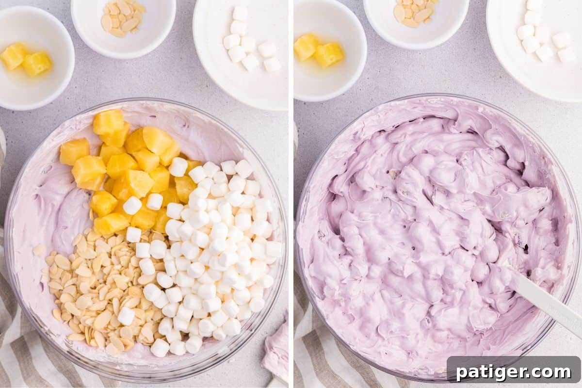 Whipped Blueberry Bliss 6 Two-image collage illustrating the second step of adding ingredients: pineapple chunks, almonds, and marshmallows being added to the bowl, then gently folded into the blueberry mixture.